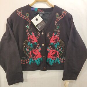 Carole Little Sport Black Embroidered Rose Plaid Button Cardigan Women LG NEW